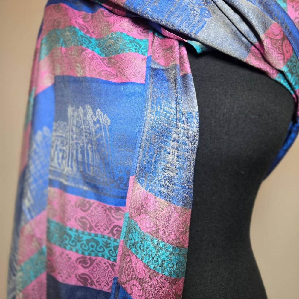 Unbranded Silk Shawl Women OS Blue Pink Excellent Angkor Wat Cambodia Scarf Wrap - Picture 3 of 7